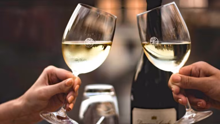 Cheers! Two glasses of white wine toast